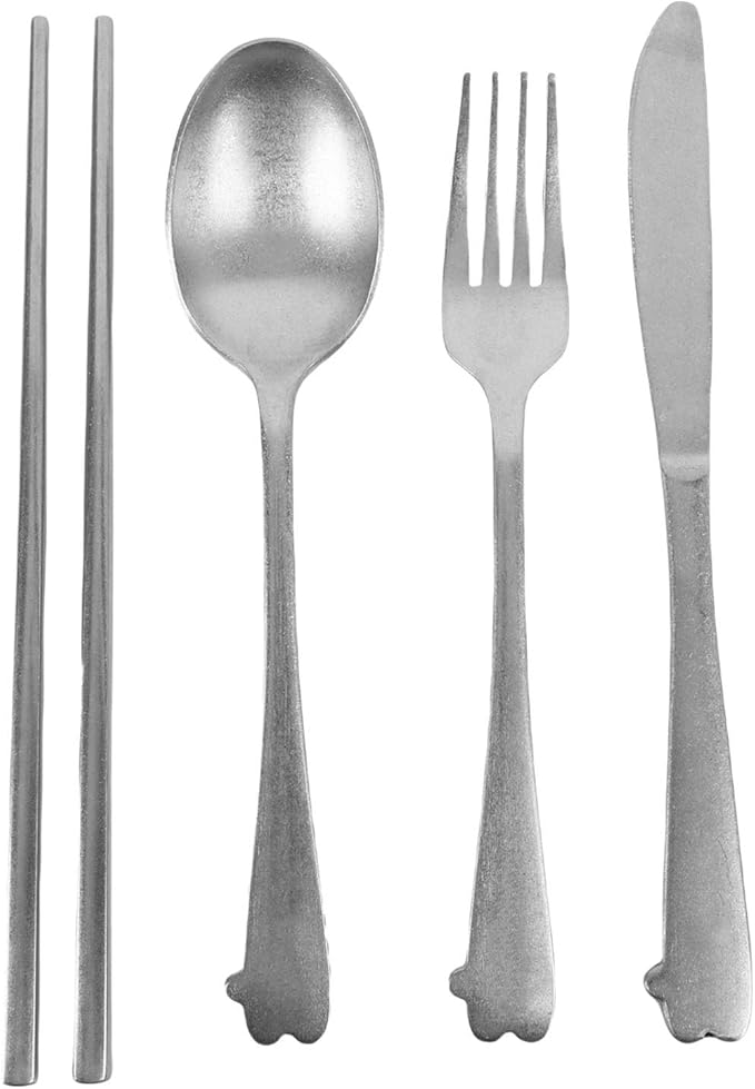 Cosiki Stainless Steel Tableware Set Vintage Silver Spoon Fork Cutter Chopsticks Portable Cutlery Set with Storage Bag for Travel Picnic Camping