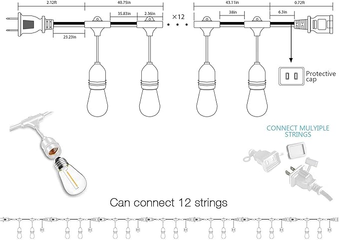 Banord White Outdoor String Lights Commercial Grade Patio Lights with 30 1W S14 Dimmable Shatterproof LED Bulbs Heavy Duty Hanging Lights for Outdoor Waterproof String Lights 96ft (2x48ft)