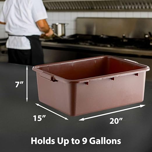 3-Pack 20 x 15 x 7 Commercial Bus Tub/Bus Box - 9 Gallons with Lid - Stackable Dish Storage Boxes for Home Kitchen Pantry or Garage Organization – Heavy-Duty and Freezer-Safe - Brown