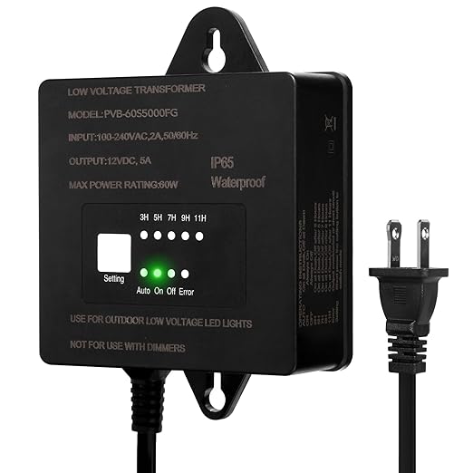 60W Low Voltage Transformer with Timer and Photocell Sensor 120V AC to 12V DC IP65 Waterproof Supply for LED Landscape Light Outdoor Spotlight Pathway LightGarden Light