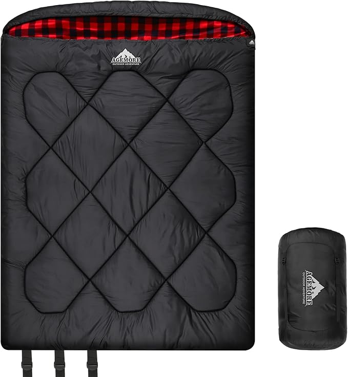 AGEMORE 0 Degree Double Sleeping Bag for Adults Cotton Flannel Lined 2 Person Queen Size Warm Sleeping Bag for Family Winter Camping or RV Traveling