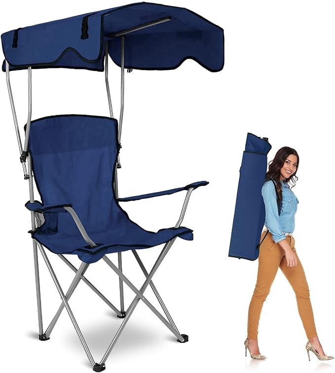 Camp Chair with Shade Canopy Heavy Duty Max Shade Folding Camping Lawn Chair with Cup Holder UPF 50+ Sun Protection Portable Beach Lounge Chair for Outdoor Sports Support 330 LBS (Navy Blue)