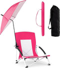 GYMAX Folding Beach Chair 330lbs Low Seat Camping Chairs with Removable Adjustable Umbrella Carry Bag Armrests Anti-Slip Foot Pads Lightweight Mesh High Back for Lawn BBQ Sport Event (1Pink)