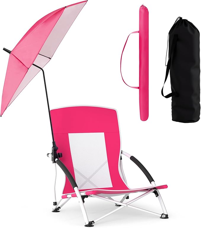 GYMAX Folding Beach Chair 330lbs Low Seat Camping Chairs with Removable Adjustable Umbrella Carry Bag Armrests Anti-Slip Foot Pads Lightweight Mesh High Back for Lawn BBQ Sport Event (1Pink)