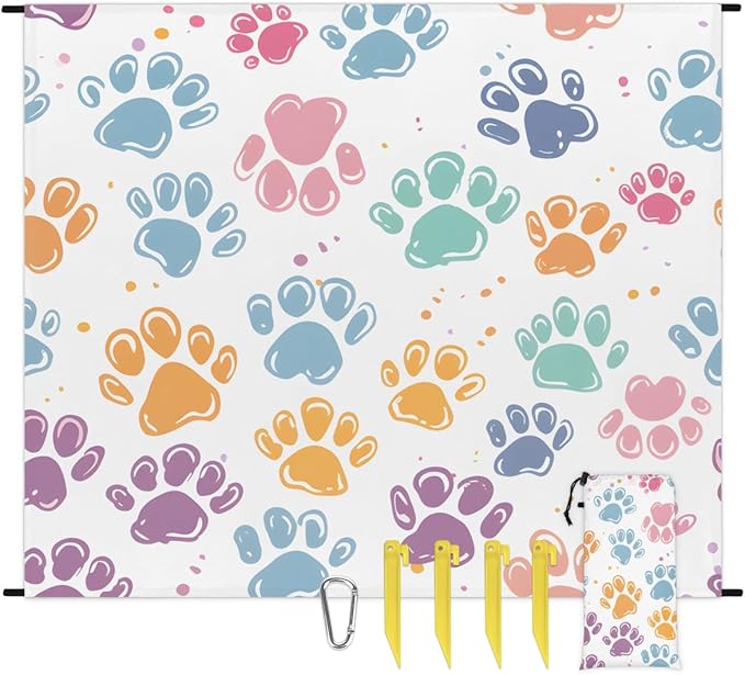 Waterproof Sandproof Beach Blanket 59''×68'' Animals Cats Footprints Polyester Outdoor Picnic Blanket with 4 Stakes &amp Storage Bag for BeachCampingVacation White