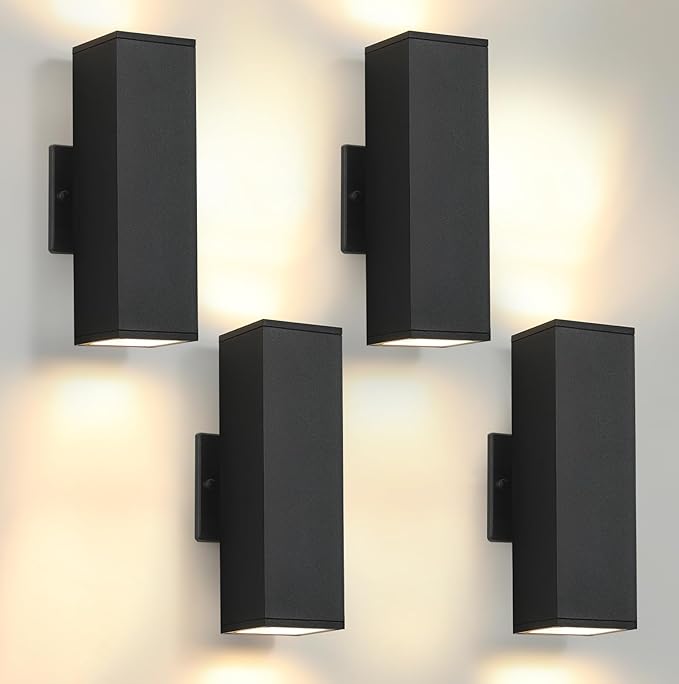 tewei 4 Pack LED Square Up and Down Lights Outdoor Wall Lights Matte Black Exterior Lighting Fixtures with 7W LED Bulbs Modern Outdoor Lights for House Garage Porch Doorway