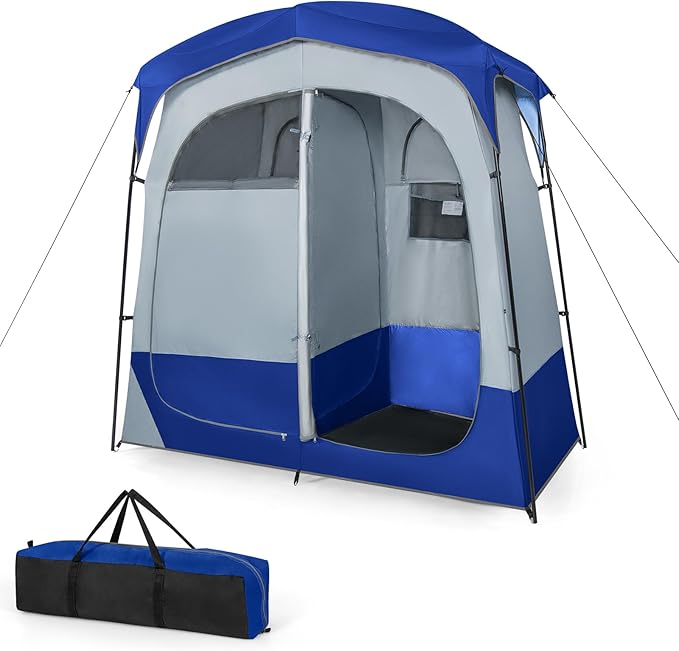 Tangkula Double Room Shower Tent Oversize Space Privacy Tent with Floor Removable Rain Fly Inside Pocket Clothesline Top Hook Portable Outdoor Changing Tent for Dressing Camping Toilet