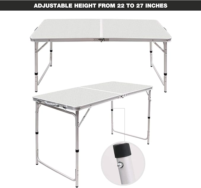 RedSwing 4ft Aluminum Camping Table 48x24 Inch Portable Folding Table with Adjustable Height Lightweight for Outdoor Picnic Beach BBQ Camping &amp Indoor Use