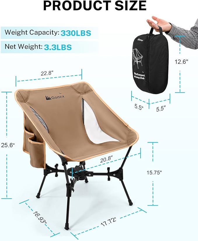 Gonex Portable Camping Chair The 5th Gen Ultralight Compact Backpacking Foldable Lightweight Folding Chair for Outdoor Camp Hiking Beach Picnic Concert Supports 330lbs (Khaki 1 PCS)