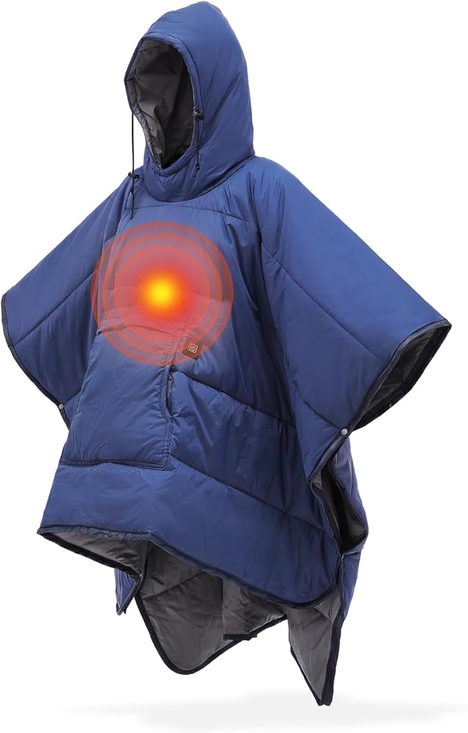 Preboun Heated Blanket Battery Operated 3-temp Thermal Poncho Sleeping Bag Winter Wearable Hooded Water Resistant Cloak Cape with Portable Sack for Men Women Outdoor Sport Backpacking Hiking Hunting