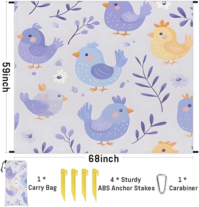 Waterproof Sandproof Beach Blanket 59''×68'' Animal Chicken Polyester Outdoor Picnic Blanket with 4 Stakes &amp Storage Bag for BeachCampingVacation Purple