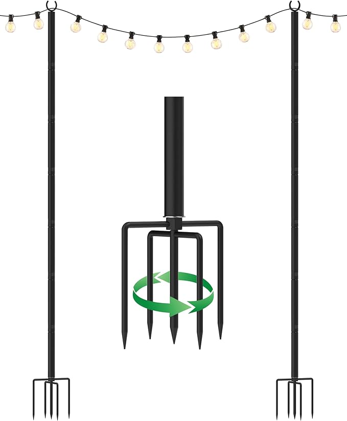 LAND·VOI Outdoor String Light Poles 2 Pack Heavy Duty String Light Poles for Outside with 5-Prong Base &amp Adjustable Height Perfect for Backyard Patio Garden Fence and Party Decor