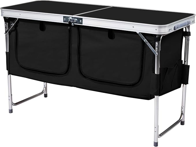 Outdoor Folding Camping TableAluminum Foldable Table with Adjustable Legs &amp Storage OrganizerLightweight Camping Kitchen Table for Outdoor Travel BeachBackyards BBQ Party and Picnic (Black)