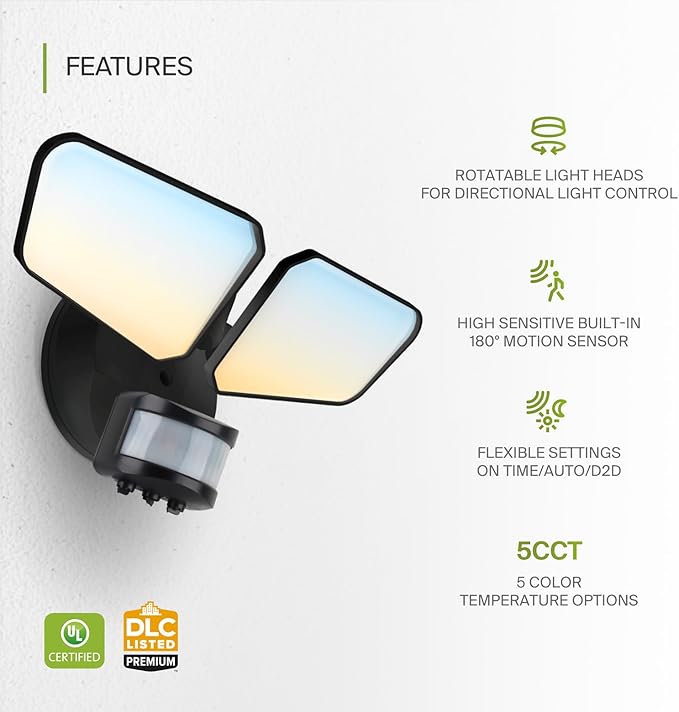 ASD LED Motion Sensor Outdoor Lights 20W 5CCT Backyard Flood Lights Outdoor Dusk to Dawn Motion Lights for Outside with Photocell Wired Security Lighting for Porch House Garage UL DLC Black