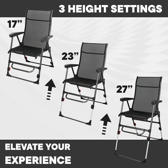 Sports Chair - Height Adjustable Camping Chair with 3 Levels Lightweight Aluminum Mesh Back - Rise Above The Crowd with Ultimate Comfort &amp Versatility