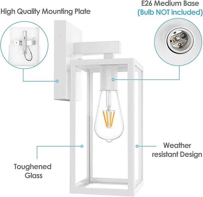 MAXvolador Outdoor Wall Lantern Exterior Waterproof Wall Sconce Light Fixture White Anti-Rust MountLights Clear Glass E26 Porch Patio Lighting