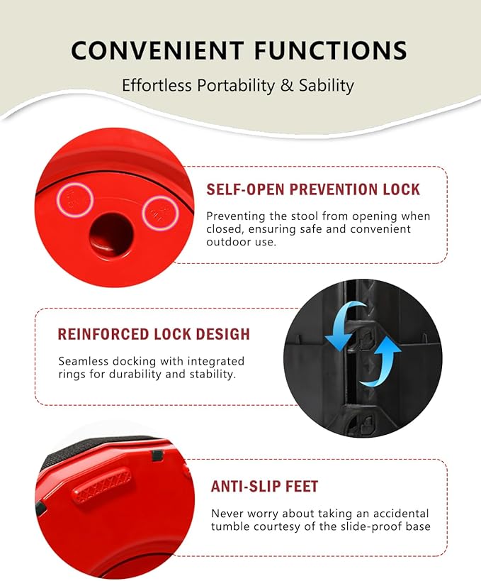 Upgraded Foldable Collapsible Stool 400LBS - Portable Adjustable Height Folding Seat for Outdoor Camping Hiking BBQ Gatherings (Black and Red)