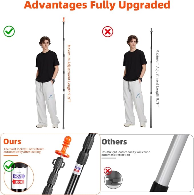 Heavy Duty Telescoping Tarp Poles Set of 4-4-Section Adjustable 3.1FT to 9.2FT Aviation Aluminum Tent Poles for Camping Awning Rain Fly Sun Shade Canopy with Stakes &amp Guylines