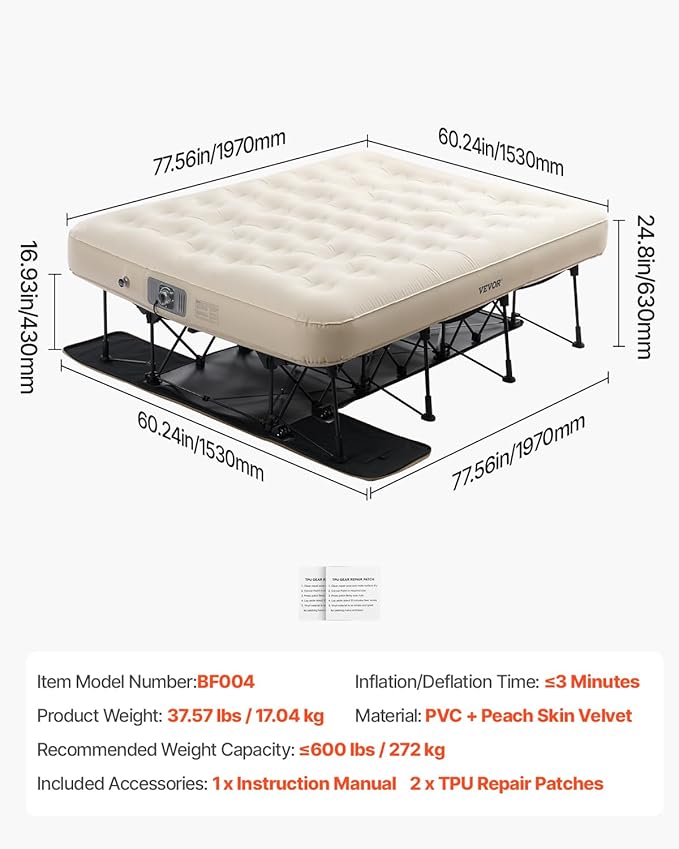 VEVOR Air Mattress with Frame Inflatable 2 Person Camping Cot with Built-in Pump Portable Folding Air Beds Supports 600 lbs Blow Up Bed for Guests Camping Travel Indoor &amp Outdoor Use