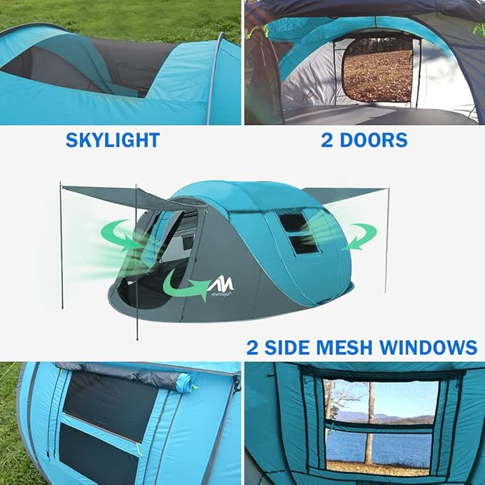 4 Person Pop Up Tents for Camping - AYAMAYA Waterproof Instant Family Tents with Skylight &amp Removable Rainfly Upgraded Large Size with 2 Doors -Automatic Easy Setup Beach Tent with Poles