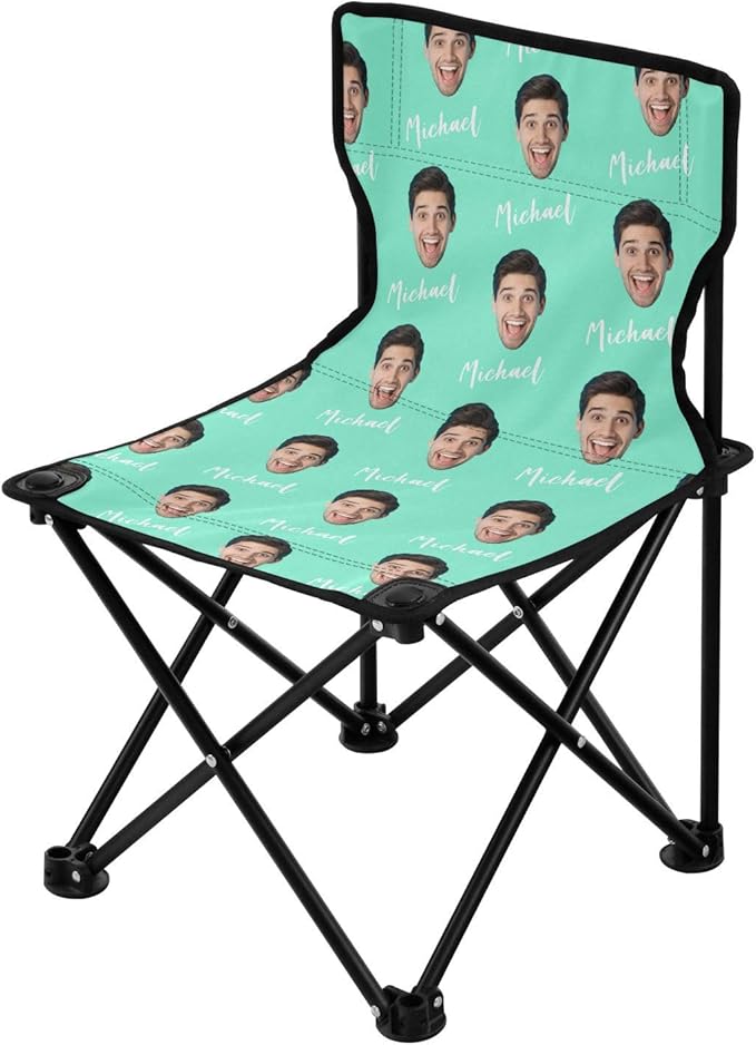 Sinestour Teal Custom Photo Folding Camping Chair for Teen Child Personalized Name 14.6×14.6in Portable Outdoor Chair with Carry Bag for Beach Picnic Travel