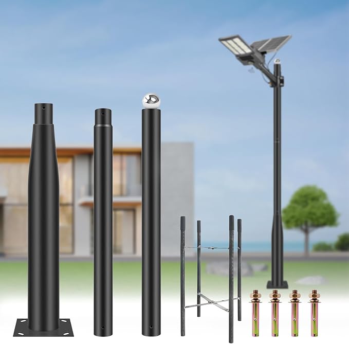 Street Light Pole 10Ft - Black Outdoor Adjustable Metal Solar Street Lamp PostSuitable for Street Courtyard Porch Exterior Patio Flag Lighting Fixtureswith Mounting Rebar Cage Base Accessory