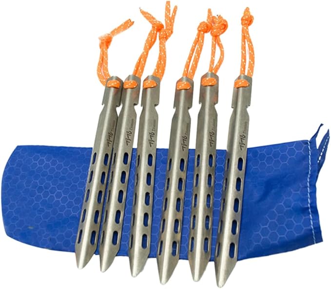 1Set Titanium Alloy Camping Tent Stakes Windproof V Shaped Ground Pegs for Secure Tenting Hard Surfaces Lightweight and Durable with Carry Pouch