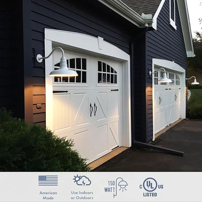 Steel Lighting Co. Topanga Barn Light | Outdoor Wall Mounted | Farmhouse Garage Light Made in America | 14 inch Dome | 11 inch Gooseneck | Black Exterior/White Interior