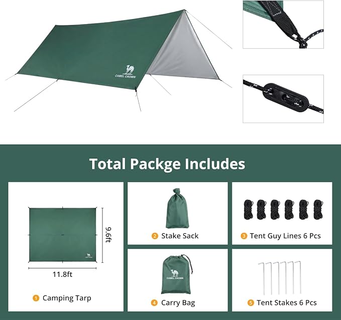 CAMEL CROWN Camping Tarp3000mm Waterproof &amp UPF 50+ Sun Protection Rain Fly Tarp - Lightweight Portable Camping Shelter with Stakes Guy Lines &amp Carry Bag for Hiking Backpacking Beach Picnic