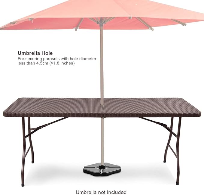 Tangkula 6Ft Rattan Folding Table Indoor Outdoor Portable Foldable Table with 1.8 Inch Umbrella Hole Heavy Duty Metal Frame Carrying Handle for Camping Picnic Backyard BBQ