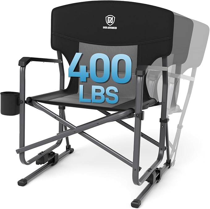EVER ADVANCED Heavy Duty Rocking Camping Chair Black Supports 400 LBS Quick Set Foldable Portable Outdoor Patio Sports Game Balcony Adult 17 lbs 25 x 25 x 38 inches