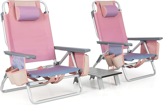 GYMAX Beach Chairs Backpack Camping Chair with Armrest Cooler Bag Cup Holder Towel Bar &amp Side Pockets Sunbath Sling Tanning Lounge Folding Layout Chair (with Table Pink)