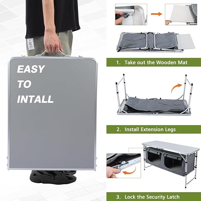 Camping Table Folding Camping Table with Storage Portable Kitchen Table Lightweight 3 Heights Adjustable Camping Furniture for BBQ Picnic Camping Hiking Beach and Indoor
