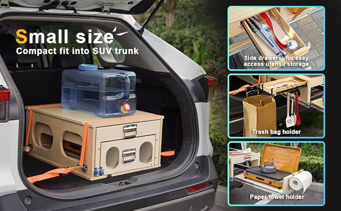 Wooden Overland Camping Slide-Out Kitchen with Drawer Left Side for SUV/Storage Space for 2 Burners Stove Folding Design