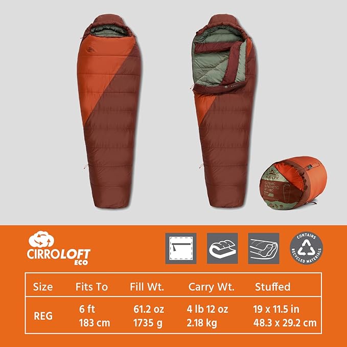 Kelty Cosmic Synthetic Fill 0 Degree Backpacking Sleeping Bag Regular – Compression Straps Stuff Sack Included
