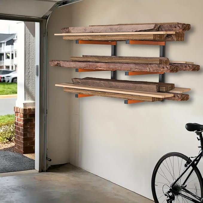 INM Metal shelvingOrange and Black 3-Tier Lumber Rack 110 lbs Per Arm Load Capacity 44cm Height x 40cm Length Heavy Duty Steel Construction