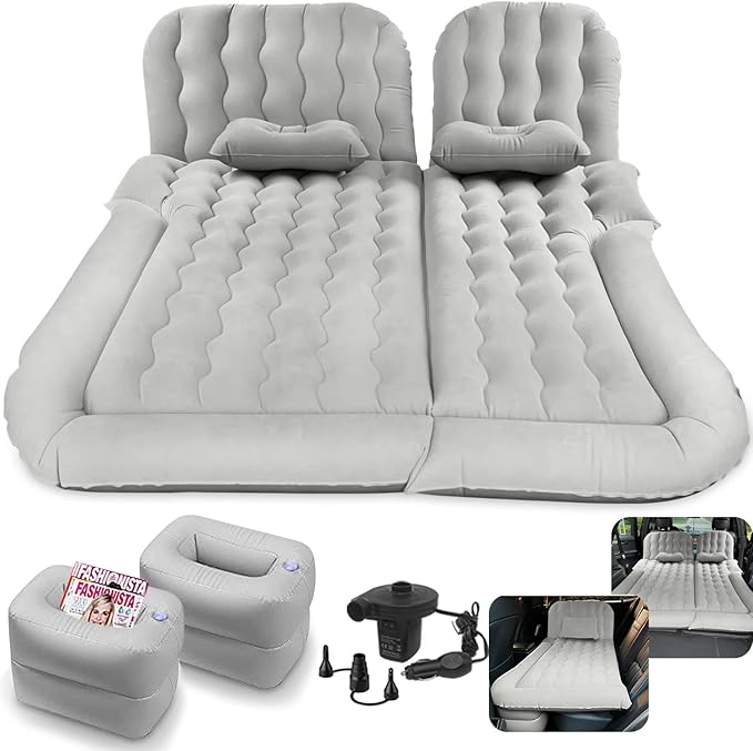 3 in 1 Car Air Mattress SUV Mattress for Back Seat Cargo Area Car Mattress with Electric Air Pump-2 Support Fillers &amp 2 Pillows Fits SUV|MPV|Sedan|Minivan for Road Trip Camping Grey