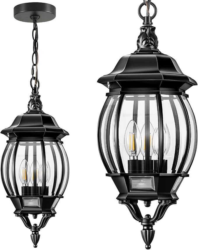 VIANIS 3-Light Large Pendant Light Fixtures Modern Exterior Hanging Lantern Light Waterpoof Matter Black Outdoor Chandelier for Porch with Adjustable Chain Outdoor Ceiling Lights for Front Patio