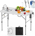 HLPB Fold in Half Folding Fish Cleaning Table with Sink Foldable Protable Camping Sink Table with Drainage Hose &amp Fish Cleaning Kit Fish Fillet Cutting Desk for Picnic Patio Backyard BBQ White