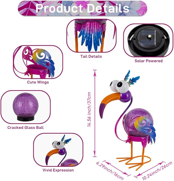 Funny Birds Solar Lanterns Outdoor Waterproof LED Solar Lights Crackle Glass Decorative Crane Tabletop Lantern Garden Yard Art Patio Porch Decor Gift for Women Moms (Purple)