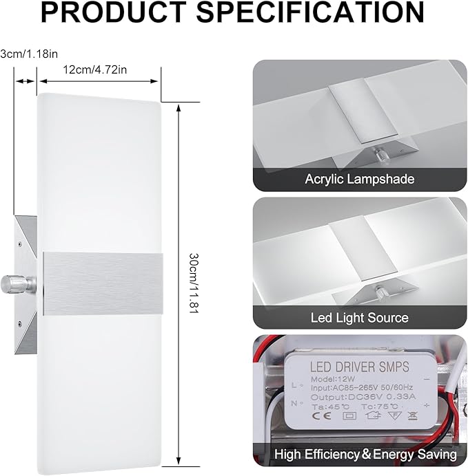 ChangM Modern Wall Sconces Set of Two 12W Acrylic Led Wall Light Equipped with a Rotary Switch to Adjust Brightness 10%-100% Indoor Wall Mounted Lights Hardwired 6000K Cool White