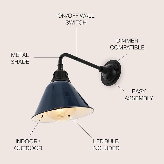 JONATHAN Y 9.63 Navy/Black 1-Light Farmhouse Outdoor Sconce Industrial LED Wall Light Gooseneck Arm Barn Lamp with Metal Bell Shade for Porch Patio Kitchen LED Bulb Included (JYL7612C)
