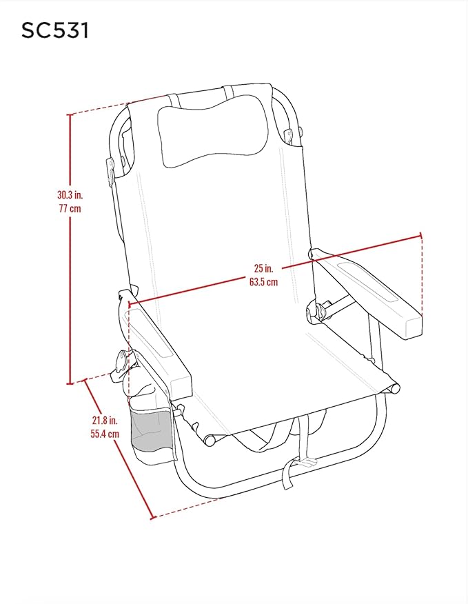 Tommy Bahama 5 Position Beach Chair Zippered Insulated Cargo Pouch Cup and Cell Phone Holders Towel Bar Pillow for Extra Comfort Heavy-Duty Weight Capacity 2-Pack (Red Stripes)