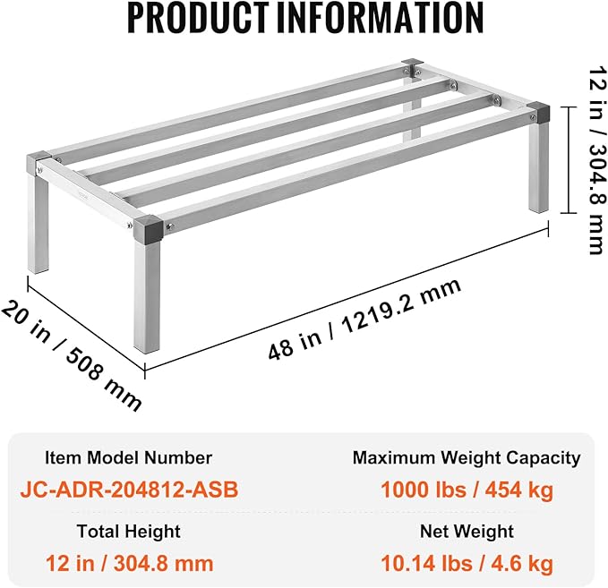 VEVOR Aluminum Dunnage Rack 48” x 20” Commercial Food Floor Rack 12” Off the Floor 1000 lbs Capacity All-Welded Aluminum Storage Rack for Storage in Restaurants Kitchens Garages and Vehicles