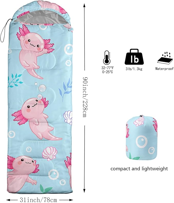 QOOMO Axolotl Cute Camping Sleeping Bags3 Season Warm &amp Cool WeatherLightweightWaterproof Sleeping Bags for Adults &amp KidsTravelingand Outdoors