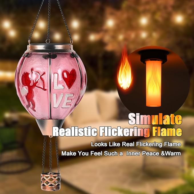 Hot Air Balloon Solar Lantern - Valentine's Day Glass Lantern Simulated Flickering Dancing Flame Outdoor Hanging Sunflower Yard Light Waterproof IP65 for Valentines Gift