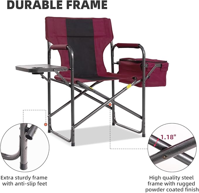 Director Camping Chair with Cooler Bag &amp Foldable Side Tray - 400lbs Heavy Duty Outdoor Folding Lawn Chair Portable Camp Chair for Backyard Fishing Beach (Red)