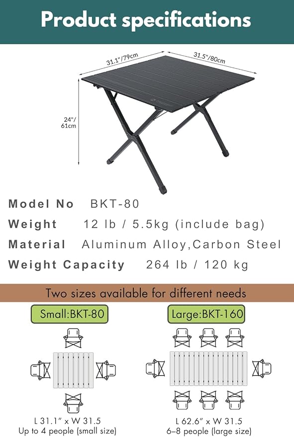 CAMPINGMOON Folding Aluminum Roll-Up Table L 31.1'' x W 31.5'' x H 24'' - Portable Compact Camping &amp Picnic Table BKT-80