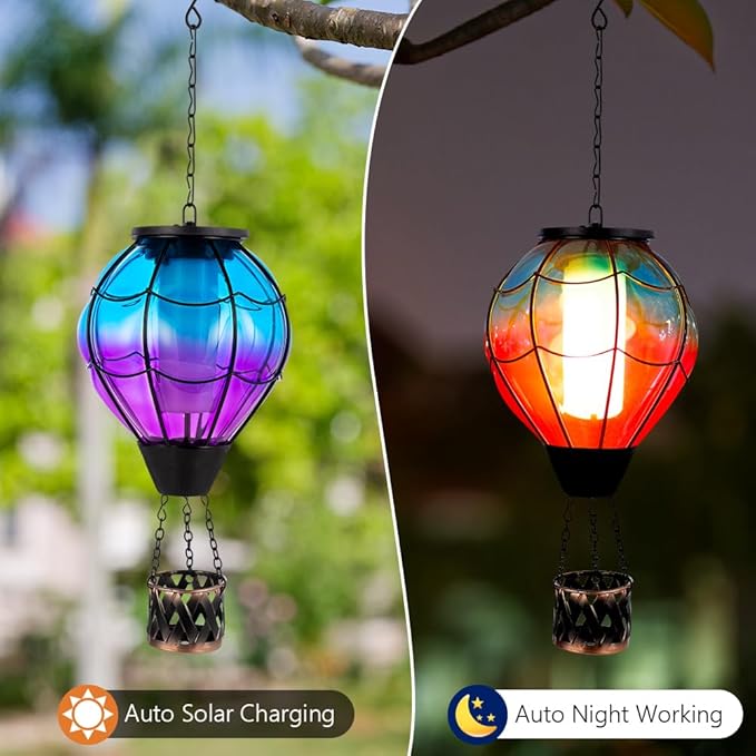 Solar Hot Air Balloon Lantern with Flame Flickering LED Glass Hot Air Balloon Solar Lanterns Outdoor Waterproof Hanging Lights for PatioPorchYardGarden Decor Mother Day Gifts for Women