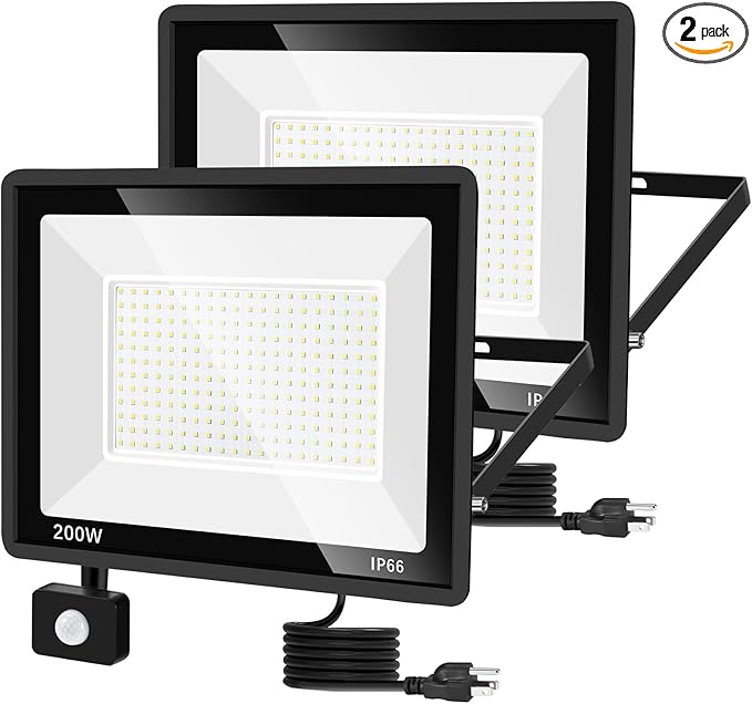 2 Pack 200W LED Motion Sensor Flood Light Super Bright IP66 Waterproof Outdoor 23000 lumens 5000K Daylight Dusk to Dawn Security Light for Front Porch Barn